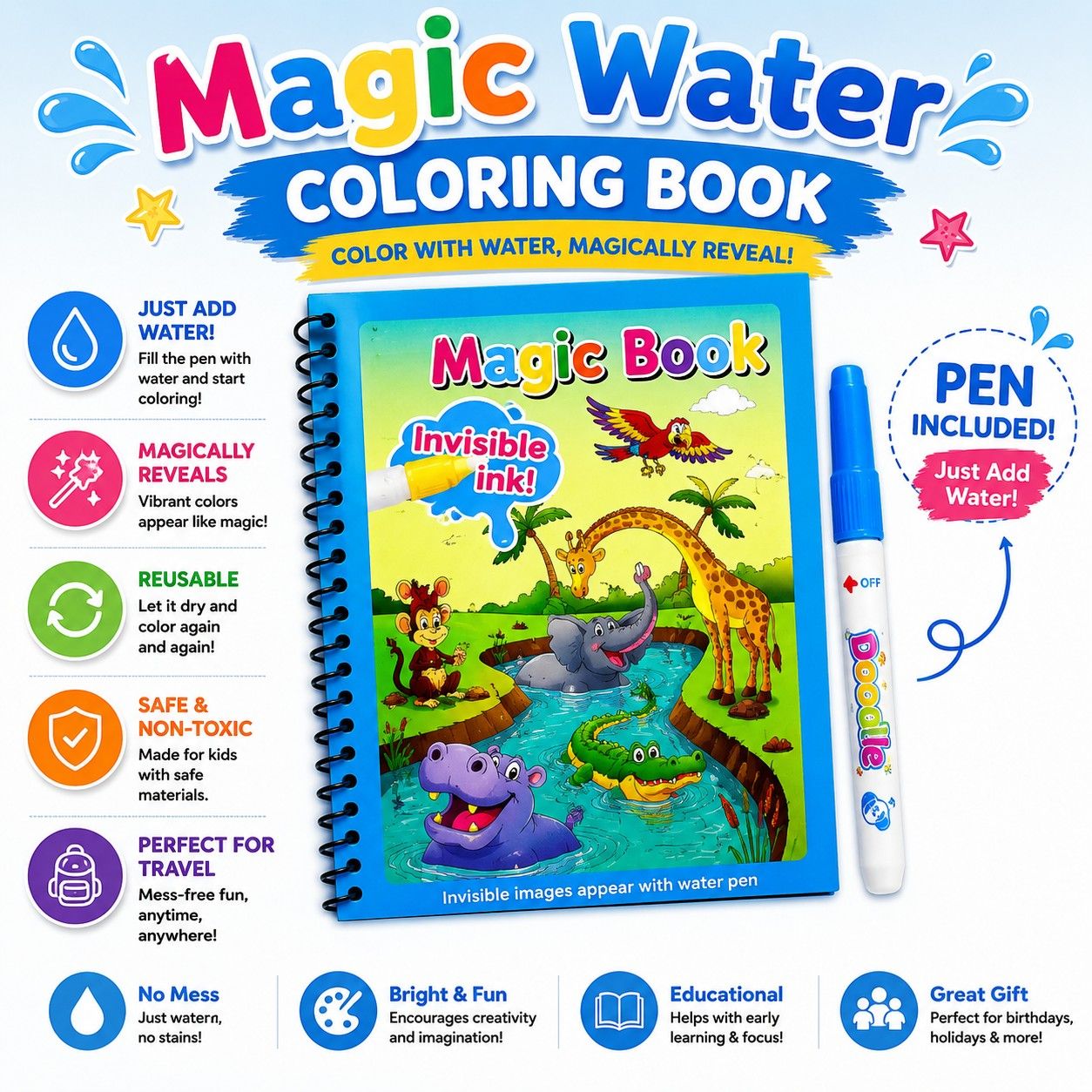 Magic Water Book - Reusable Mess-Free Painting Kit